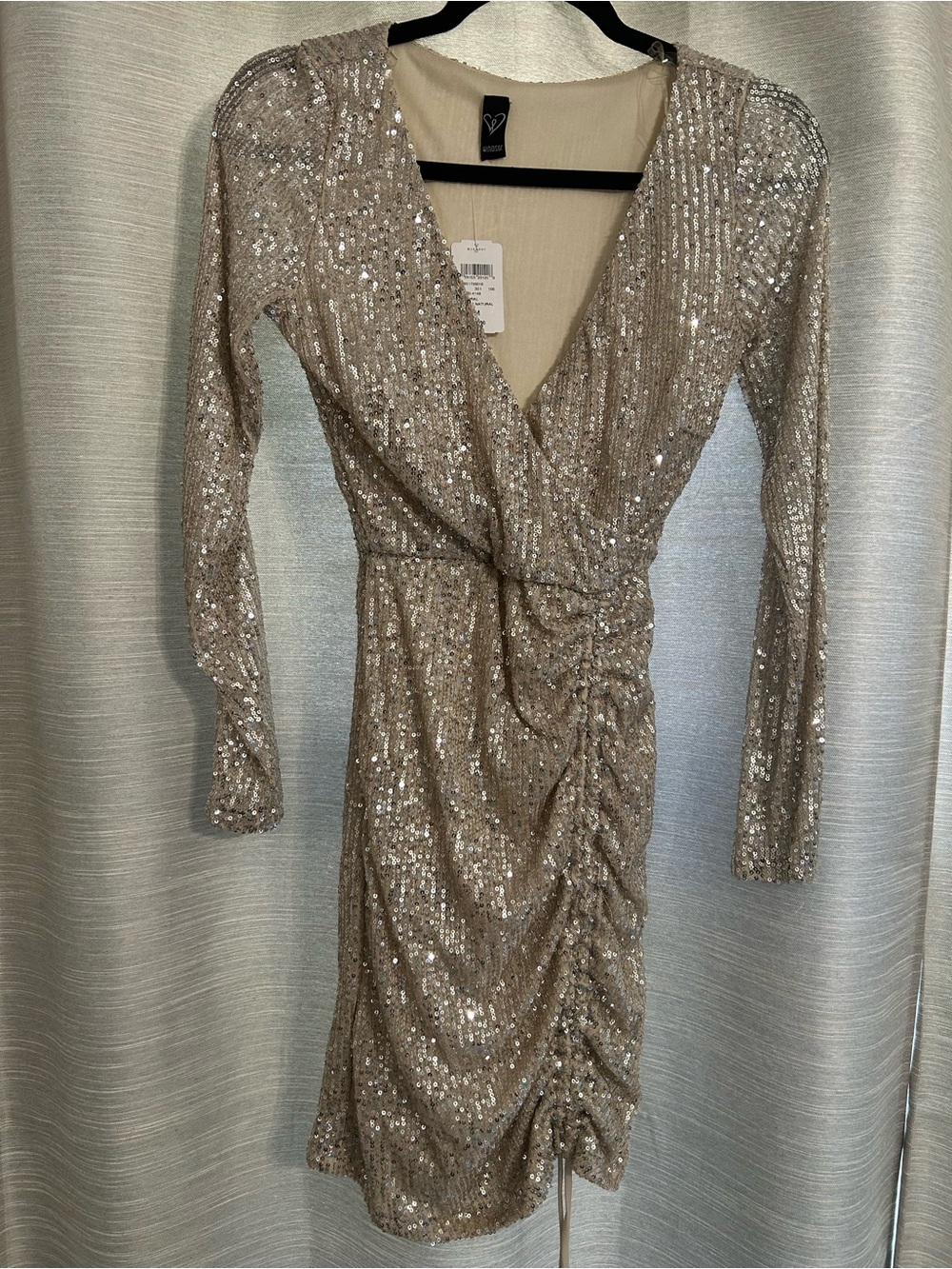 Windsor Champagne Sequin Wrap Ruched Long-Sleeve Dress